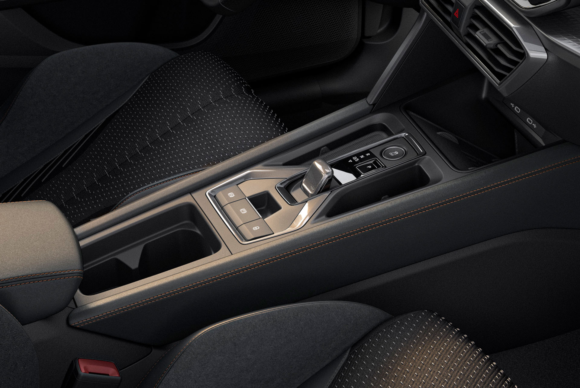 Närbild av nya CUPRA Formentor 2024:s invändiga mittkonsol i bilen, interiördesign.