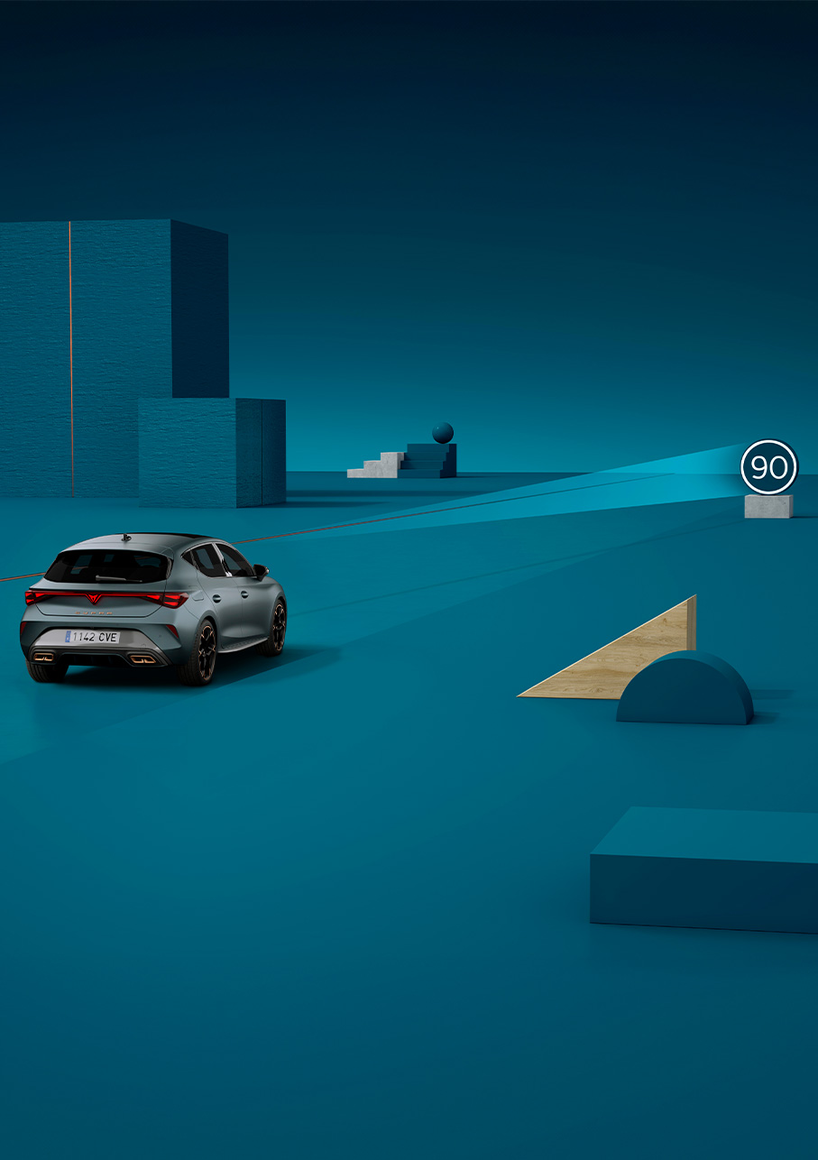 hur man använder nya cupra leon 2024 vägmärkesigenkänningsteknik, demo, blå bakgrund