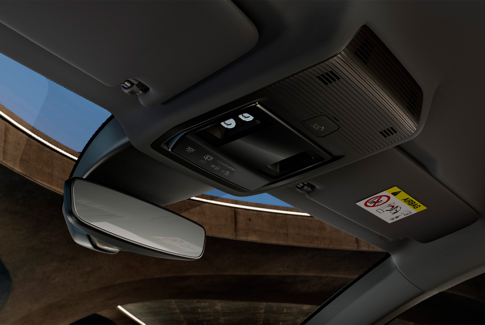Interiörvy av en ny cupra leon 2024-bil som visar takkonsolen med sidospegel, LED-kupébelysning, olika reglage och uppkopplingsfunktioner för cupra, inklusive en SOS-nödknapp.